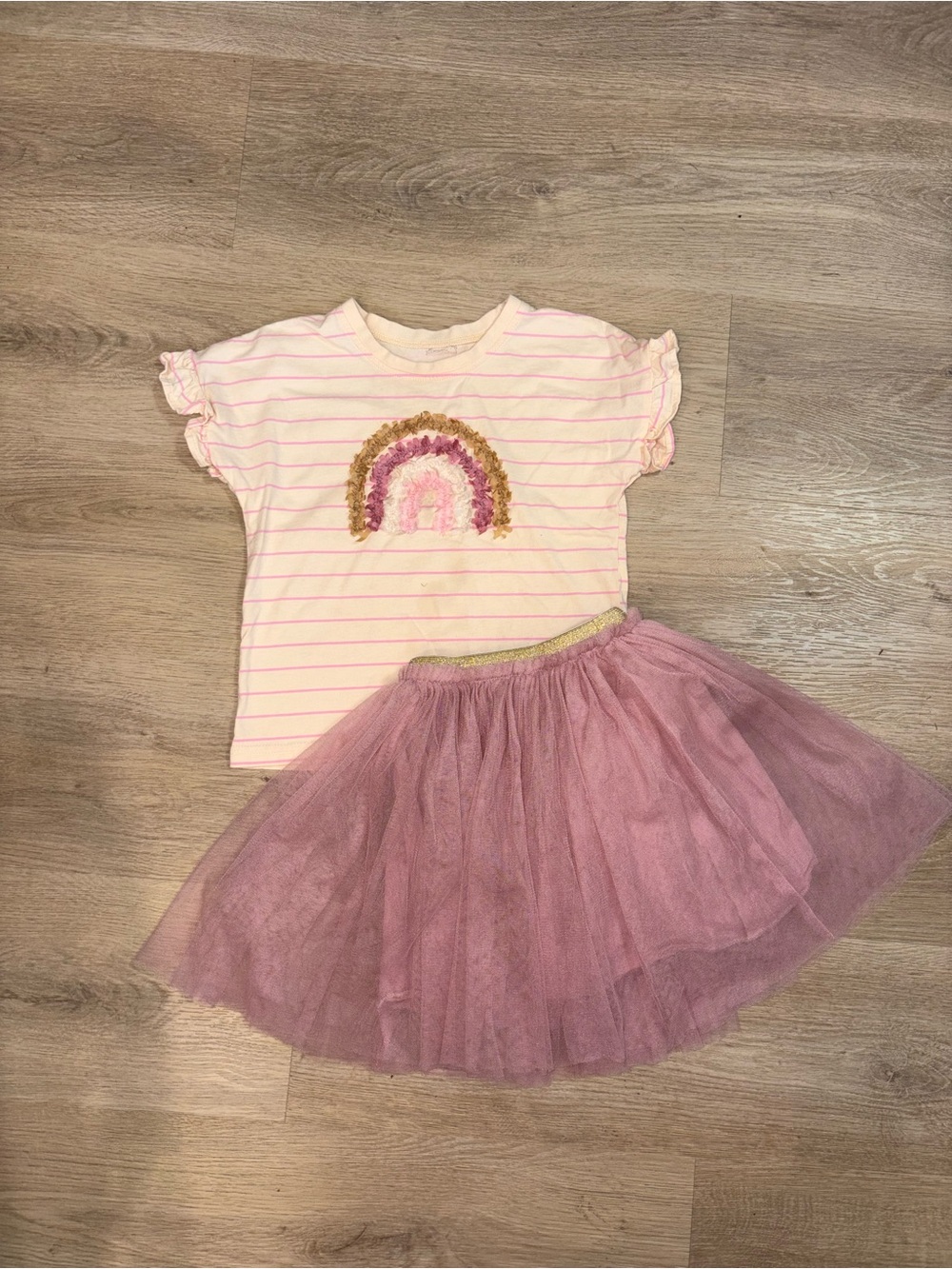 Pink Stripe Rainbow Tee & Dusty Rose Tulle Skirt Set
